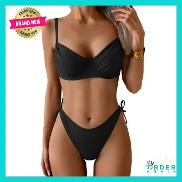 Sexy Underwire Bikini Set Ribbed Tie Side Swimsuit Y2K Chic Beachwear